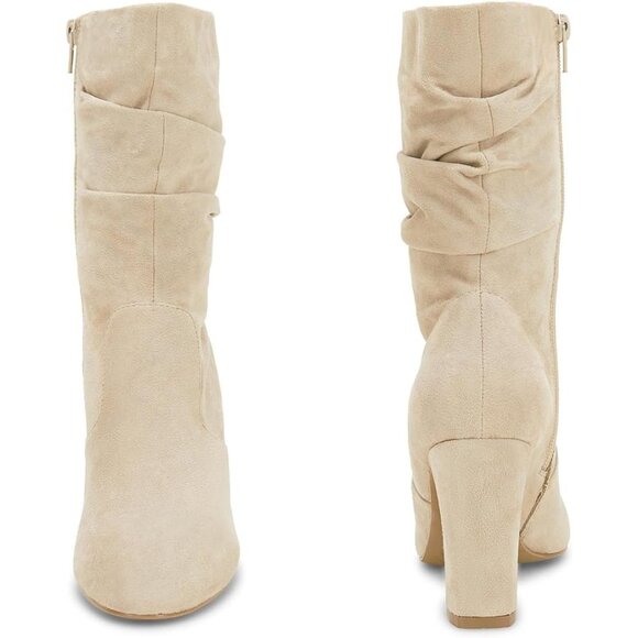 Women's Nude Microfiber Mid Calf High Chunky Heel Block Rounded Toe Booties - Picture 6 of 6